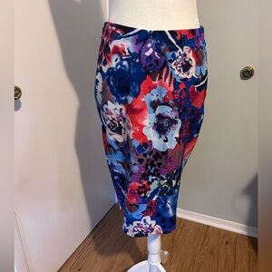 Honey and Lace Pencil skirt , red blue floral ,stretch w/ elastic waist, Size M